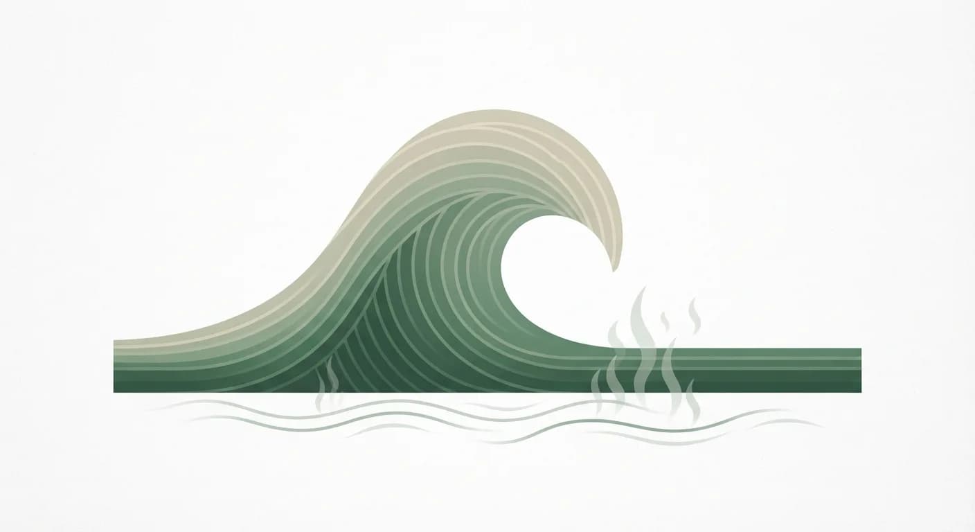 An abstract illustration of an ocean wave built from layered lines transitioning from oat to dark sage green. Heat waves rising from below the wave subtly suggest rising temperatures.