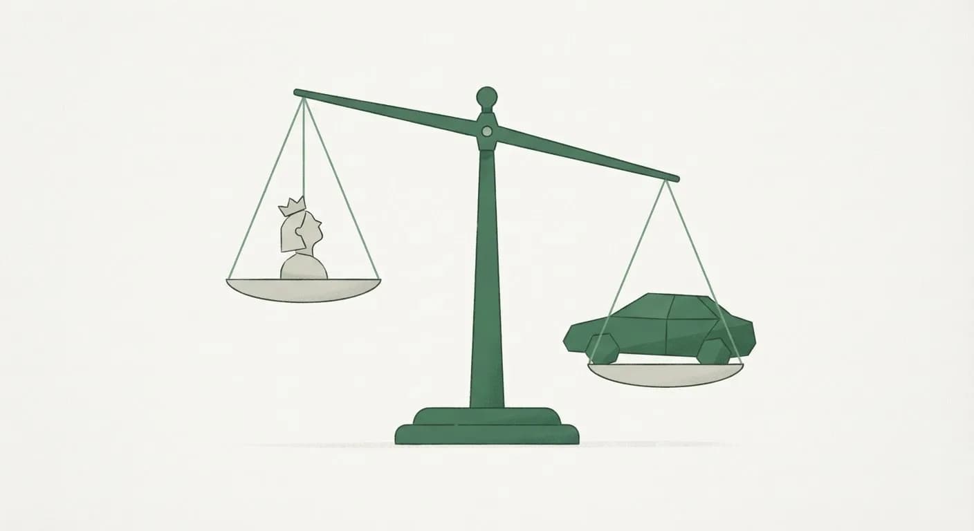 An abstract illustration of a scale with a car silhouette on one side weighing more than a small figure on the other. Minimalist composition in muted green and cream tones.