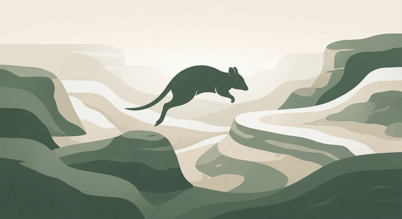 A stylized silhouette of an eastern quoll leaping across layered topographical forms symbolizing a protected sanctuary, in an abstract illustration of sage green, oat, and off-white tones.