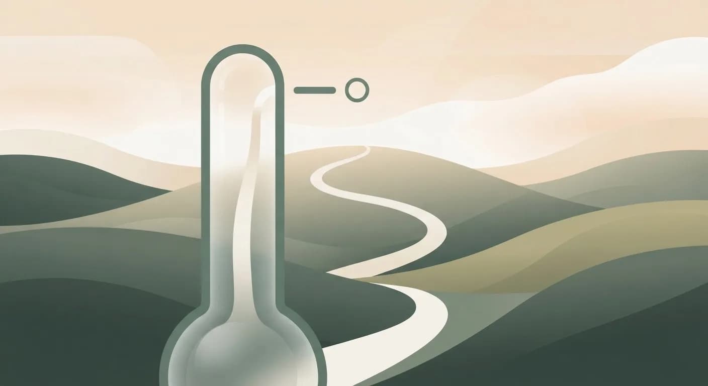 Minimalist editorial illustration of a thermometer blending into a rolling hill landscape, rendered in muted sage green, oat and off-white tones with a warm, soft light.