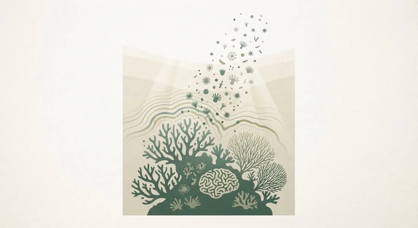 Abstract editorial illustration symbolizing heat-resistant coral research