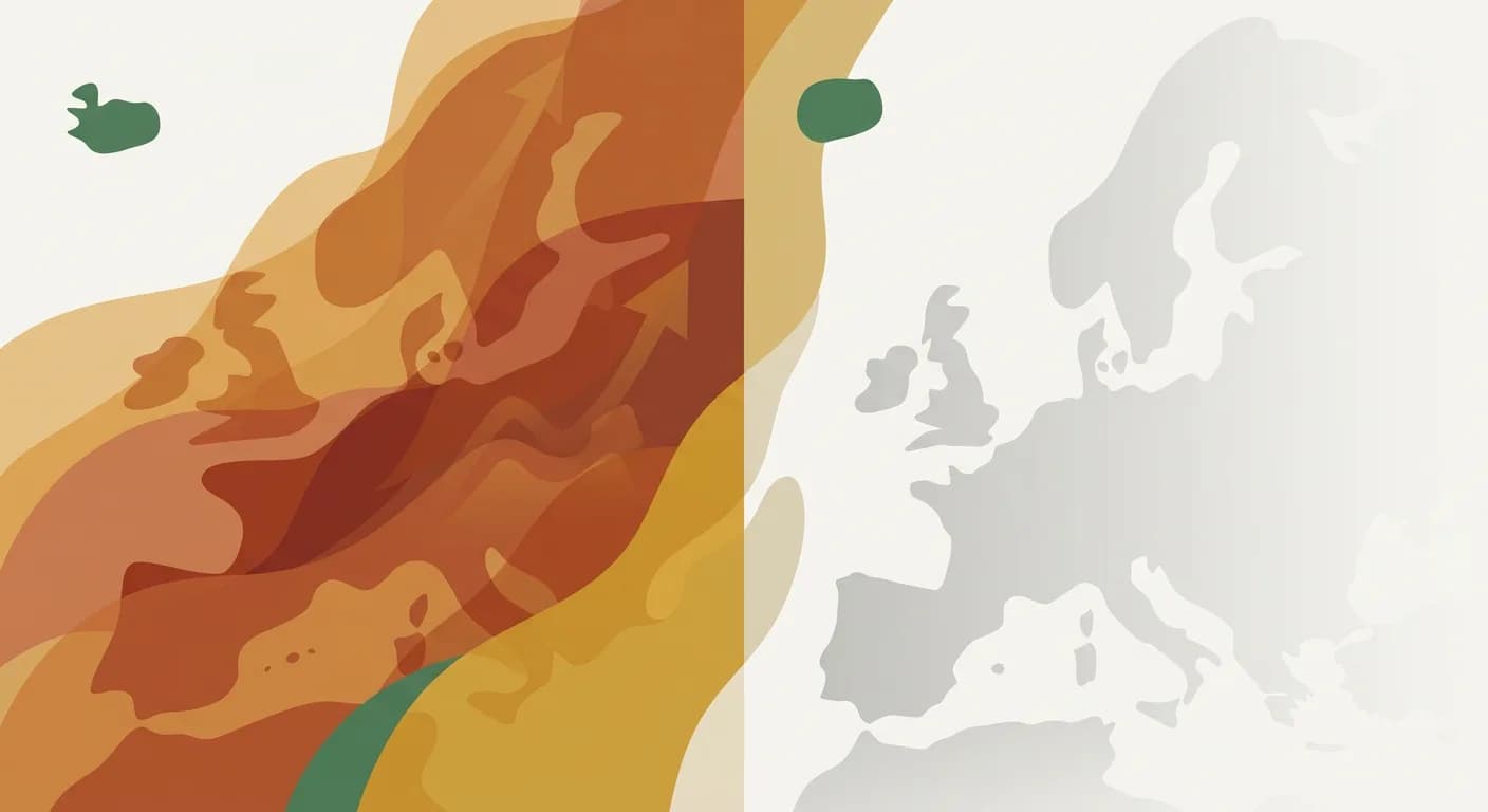 Abstract editorial visualization depicting heat measurement disparities across Europe; warm tones fading to grey, symbolizing data gaps in tracking temperature-related mortality.