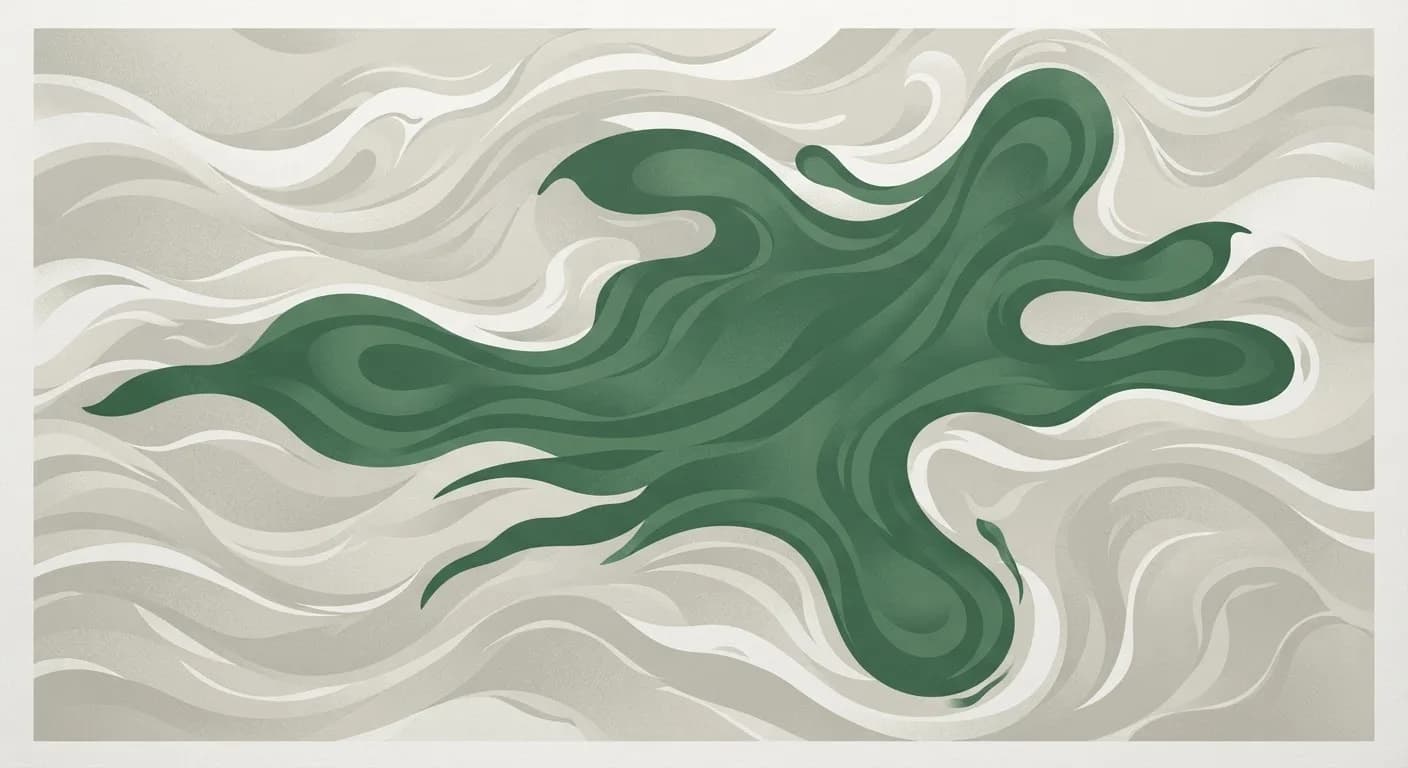 Abstract conceptual illustration of El Nino: top-down, textured ocean currents in brand palette.