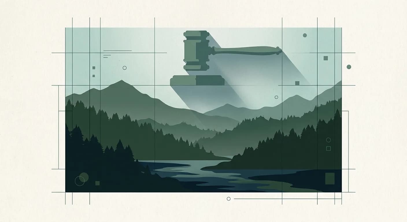 Abstract illustration symbolizing tension between judicial decision and environmental protection: judge's gavel above layered mountains and forest silhouettes with water elements.