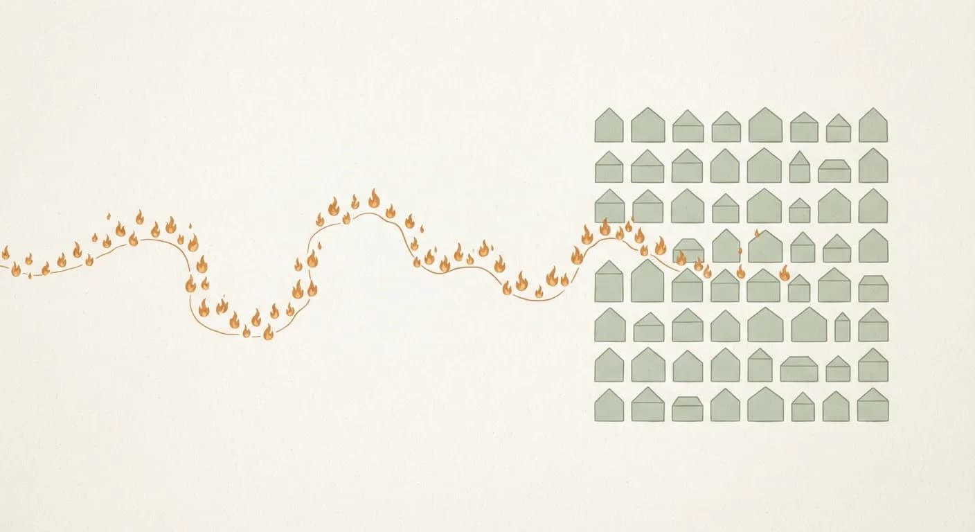Abstract illustration of small orange flames approaching a grid of sage-green houses.