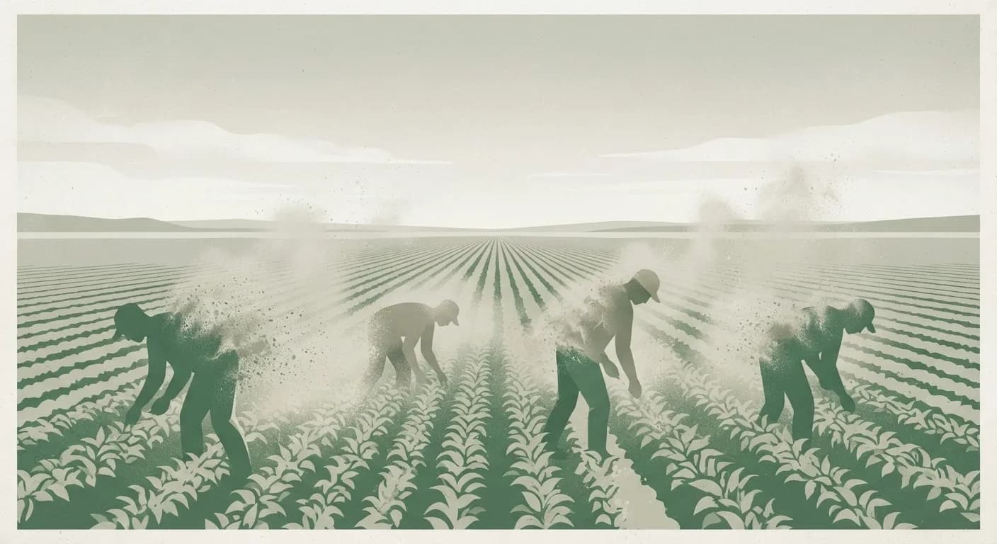 Editorial illustration on the global scale of pesticide poisoning: a calm agricultural field in sage green and oat tones, with worker silhouettes partially dissolving into fine particles.