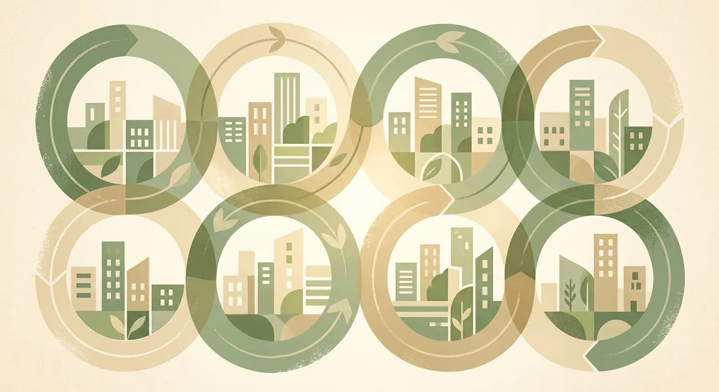 Abstract geometric cycles representing zero waste and resilient cities themes in sage green and oat tones