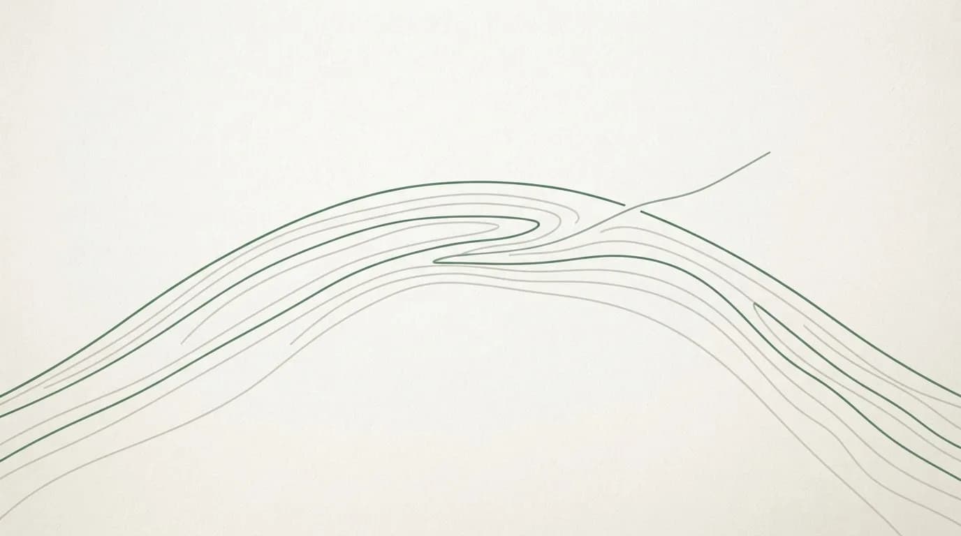 An editorial illustration of layered topographic lines abstractly representing updated climate model pathways in CMIP7.