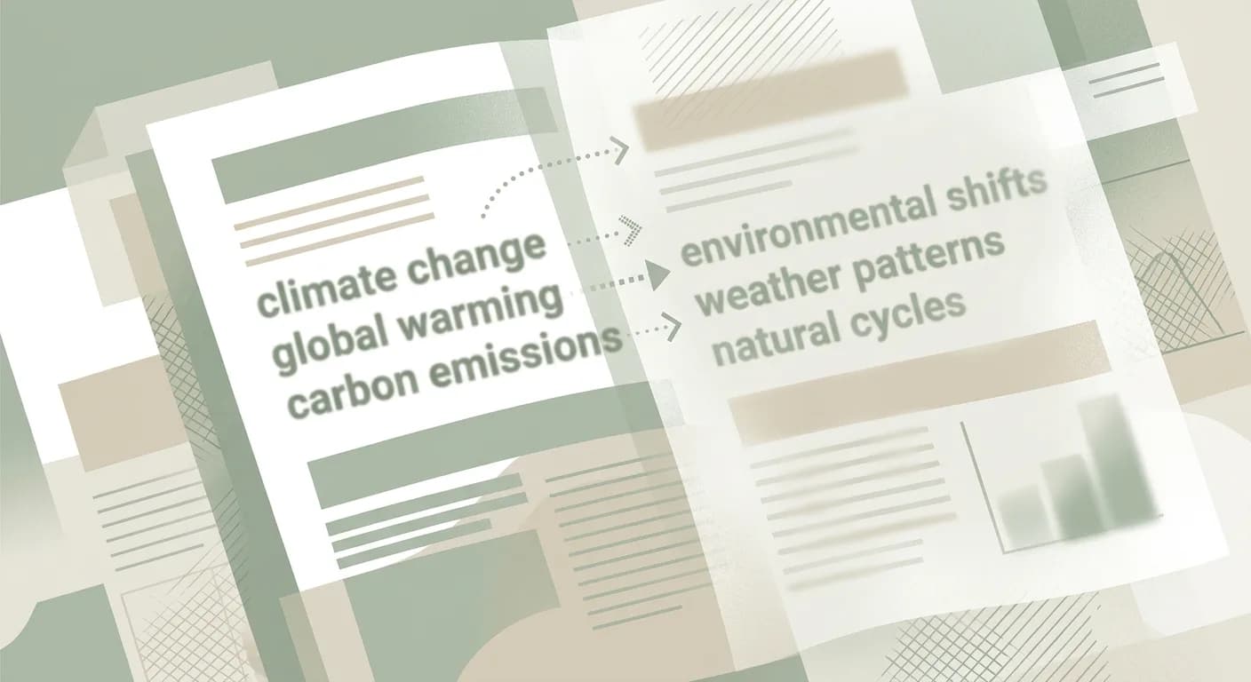 Editorial illustration depicting textbook content being revised and softened, with scientific language obscured by more generalized terms, symbolizing institutional pressure on educational materials about environmental topics.