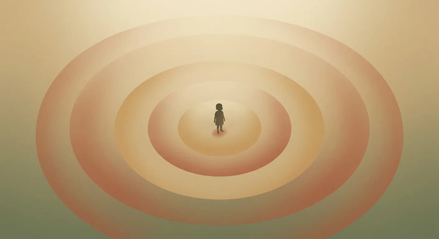 Abstract illustration depicting heat stress burden concentrated around a child figure at center, with color intensity representing unequal climate exposure across age groups, transitioning from sage green to warm ochre and rust tones.