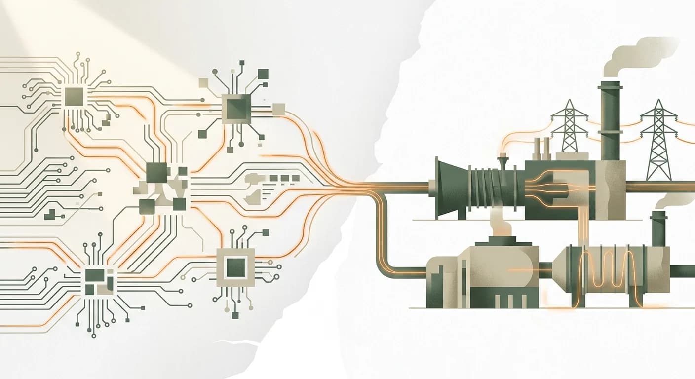 Editorial illustration depicting the growing connection between artificial intelligence data center energy demands and natural gas power generation infrastructure, with abstract digital and industrial elements in muted earth tones.