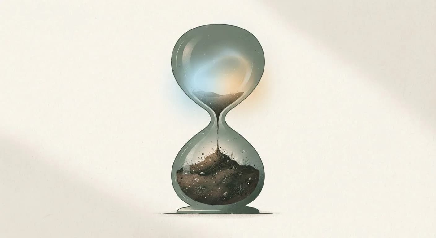 Conceptual illustration: soft, diffuse atmospheric haze rising from textured, dark soil-like particles filling the lower half of an hourglass. A calm and muted palette of sage green and oatmeal on an off-white background.